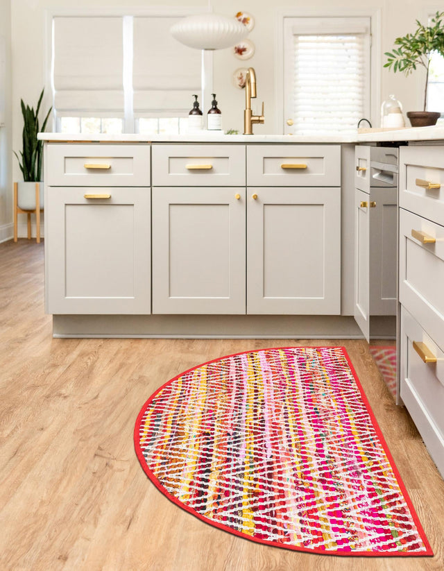 Multicolor 2' 2 x 3' 7 Chindi Chevron Hearth Half-Round Semicircle Area Rug 100% Denim Cotton All Natural Modern Geometric Carpet Dining Living Rooms Bathroom Dorm Decor for Sale at Rug Engine