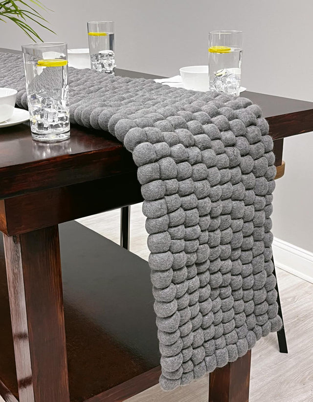 Gray 1' 2 x 6' 1 Felt Ball Table Runner Area Rug Decorative Dining Room Kitchen All Natural Material Table Cover Stunning All Natural 100% Wool Luxury Hand Woven Carpet for Modern Home Interiors Soft Touch Marshmallow Rug for Sale at Rug Engine