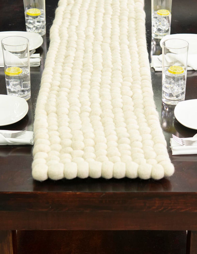 Ivory 1' 2 x 10' Felt Ball Table Runner Area Rug Decorative Dining Room Kitchen All Natural Material Table Cover Stunning All Natural 100% Wool Luxury Hand Woven Carpet for Modern Home Interiors Soft Touch Marshmallow Rug for Sale at Rug Engine