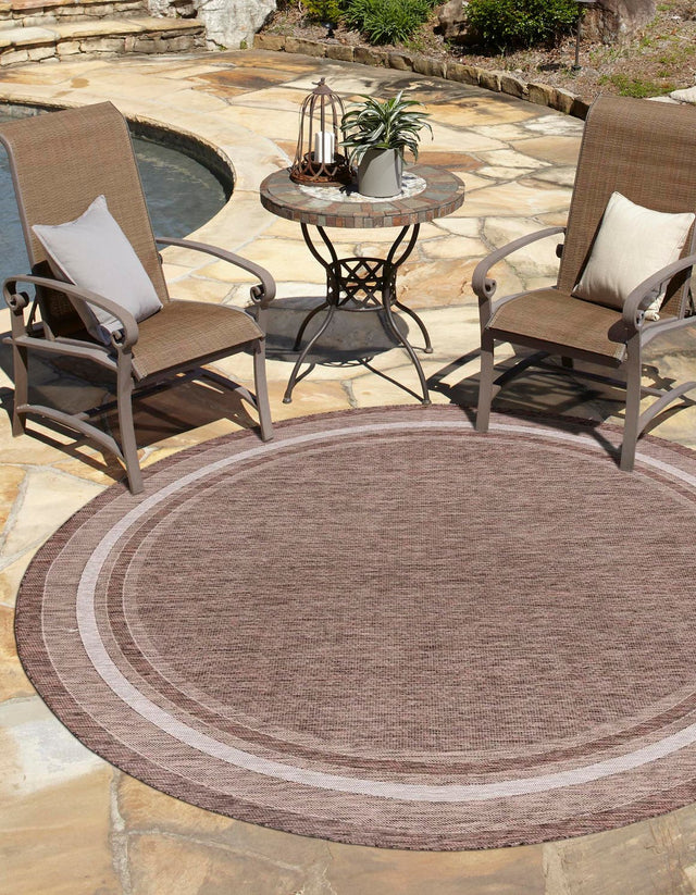 Brown 13' 1 x 13' 1 Outdoor Border Round Area Rug Weather Resistant for Patio, Deck, Terrace, Balcony, Porch 100% Polypropylene Classic Bordered Carpet for Sale at Rug Engine