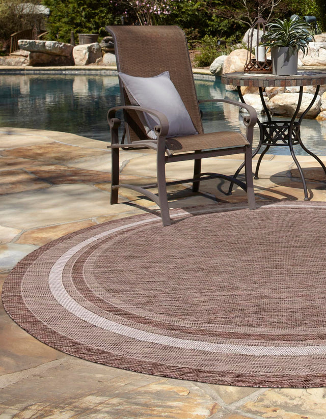 Brown 5' 3 x 5' 3 Outdoor Border Round Area Rug Weather Resistant for Patio, Deck, Terrace, Balcony, Porch 100% Polypropylene Classic Bordered Carpet for Sale at Rug Engine