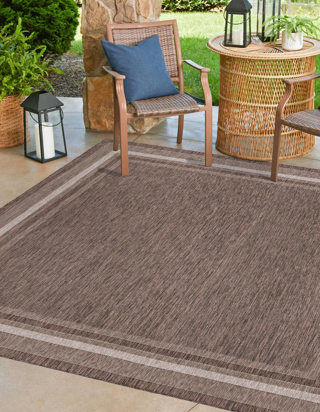 Brown 10' x 10' Outdoor Border Square Area Rug Weather Resistant for Patio, Deck, Terrace, Balcony, Porch 100% Polypropylene Classic Bordered Carpet for Sale at Rug Engine