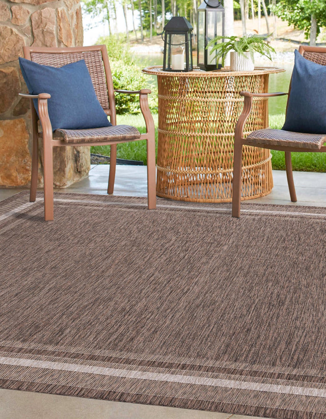 Brown 10' x 10' Outdoor Border Square Area Rug Weather Resistant for Patio, Deck, Terrace, Balcony, Porch 100% Polypropylene Classic Bordered Carpet for Sale at Rug Engine