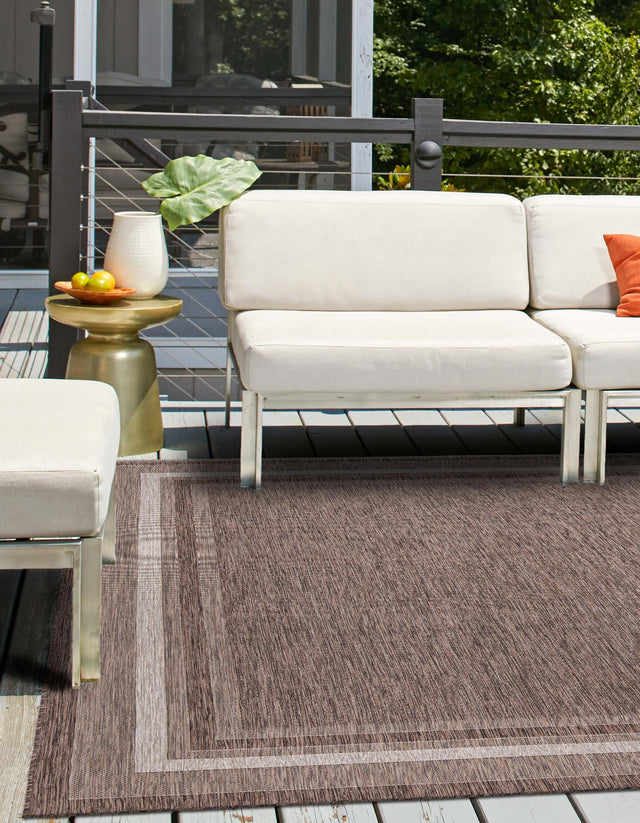 Brown 10' x 10' Outdoor Border Square Area Rug Weather Resistant for Patio, Deck, Terrace, Balcony, Porch 100% Polypropylene Classic Bordered Carpet for Sale at Rug Engine