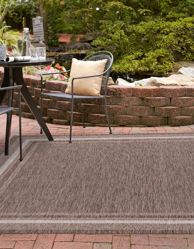 Brown 10' x 10' Outdoor Border Square Area Rug Weather Resistant for Patio, Deck, Terrace, Balcony, Porch 100% Polypropylene Classic Bordered Carpet for Sale at Rug Engine