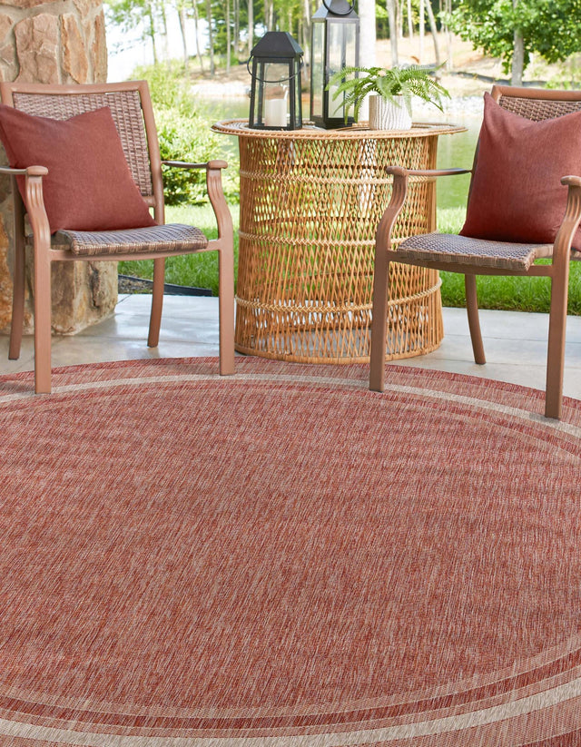 Rust Red 13' 1 x 13' 1 Outdoor Border Round Area Rug Weather Resistant for Patio, Deck, Terrace, Balcony, Porch 100% Polypropylene Classic Bordered Carpet for Sale at Rug Engine