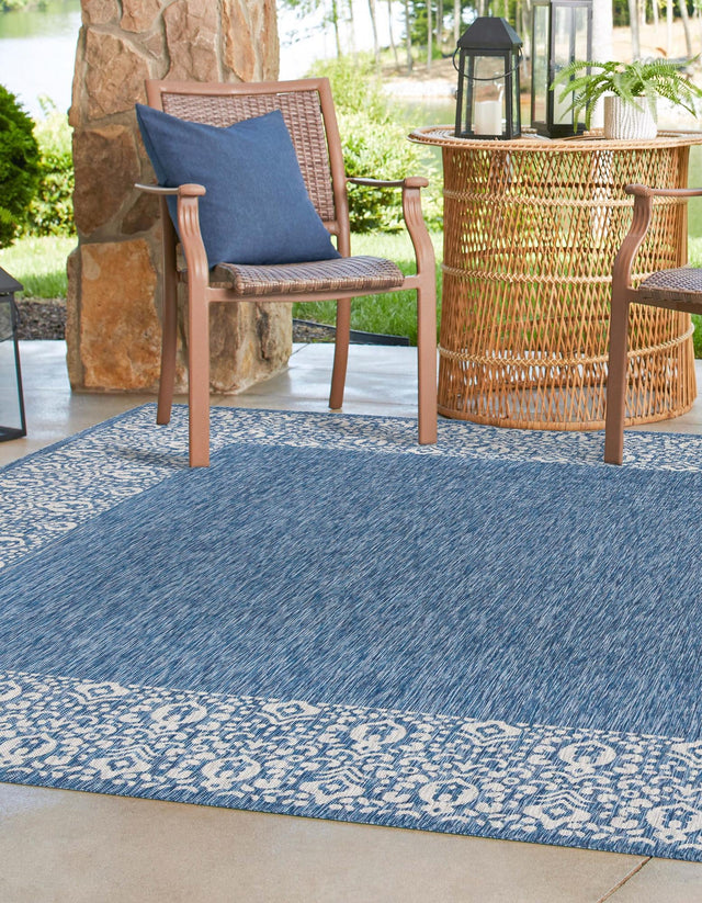 Blue 13' 1 x 13' 1 Outdoor Border Square Area Rug Weather Resistant for Patio, Deck, Terrace, Balcony, Porch 100% Polypropylene Classic Bordered Carpet for Sale at Rug Engine