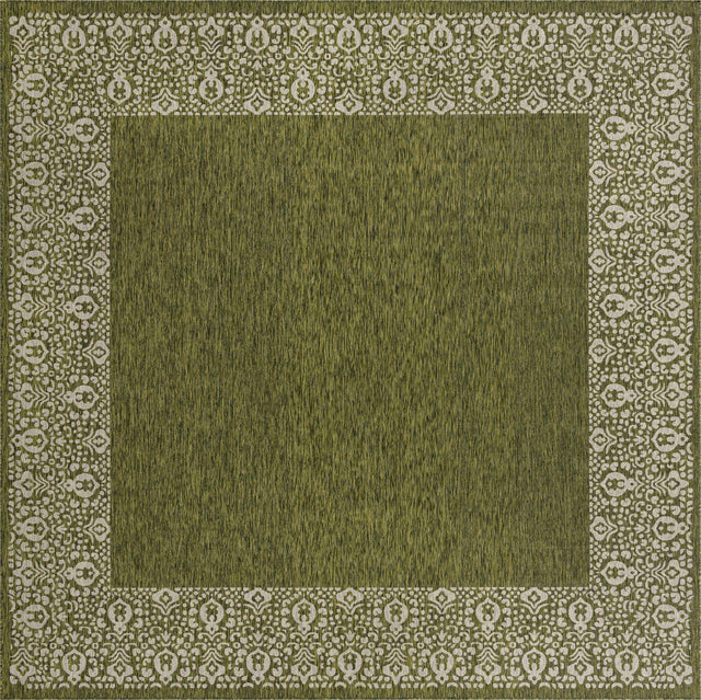 Green 13' 1 x 13' 1 Outdoor Border Square Area Rug Weather Resistant for Patio, Deck, Terrace, Balcony, Porch 100% Polypropylene Classic Bordered Carpet for Sale at Rug Engine