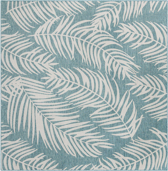 Light Aqua 10' 8 x 10' 8 Outdoor Botanical Square Area Rug Weather Resistant for Patio, Deck, Terrace, Balcony, Porch Polypropylene Garden Floral Tropical Carpet for Sale at Rug Engine