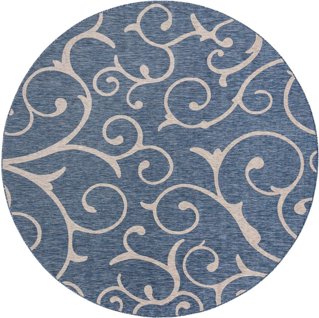 Blue 10' 8 x 10' 8 Outdoor Botanical Round Area Rug Weather Resistant for Patio, Deck, Terrace, Balcony, Porch Polypropylene Garden Floral Tropical Carpet for Sale at Rug Engine