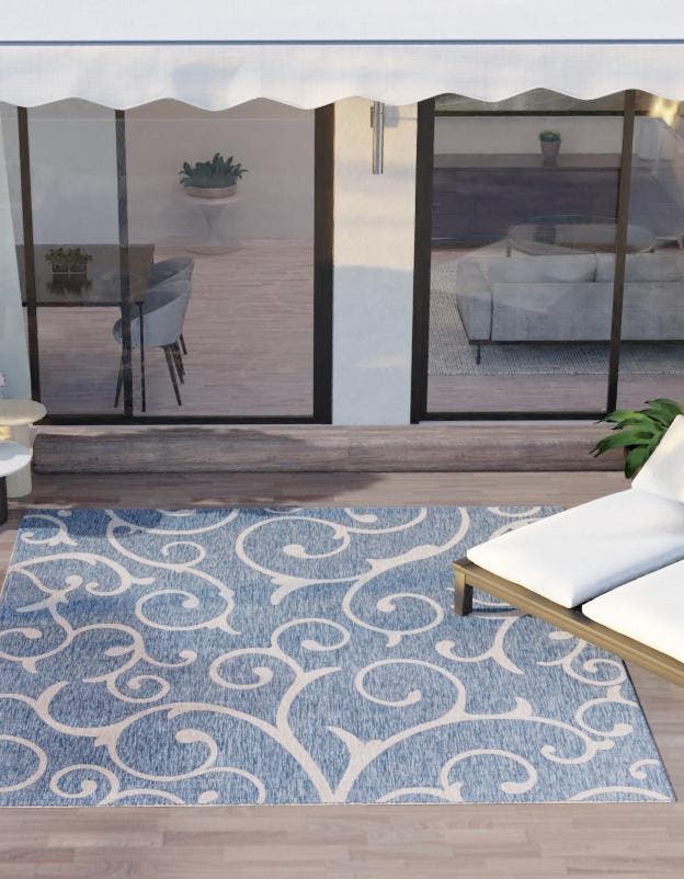 Blue 13' 1 x 13' 1 Outdoor Botanical Square Area Rug Weather Resistant for Patio, Deck, Terrace, Balcony, Porch Polypropylene Garden Floral Tropical Carpet for Sale at Rug Engine