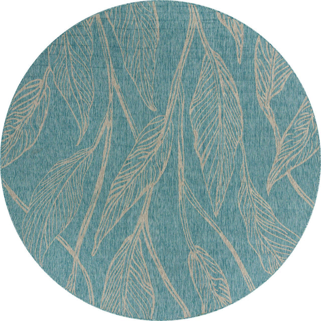 Light Aqua 11' x 11' Outdoor Botanical Round Area Rug Weather Resistant for Patio, Deck, Terrace, Balcony, Porch Polypropylene Garden Floral Tropical Carpet for Sale at Rug Engine
