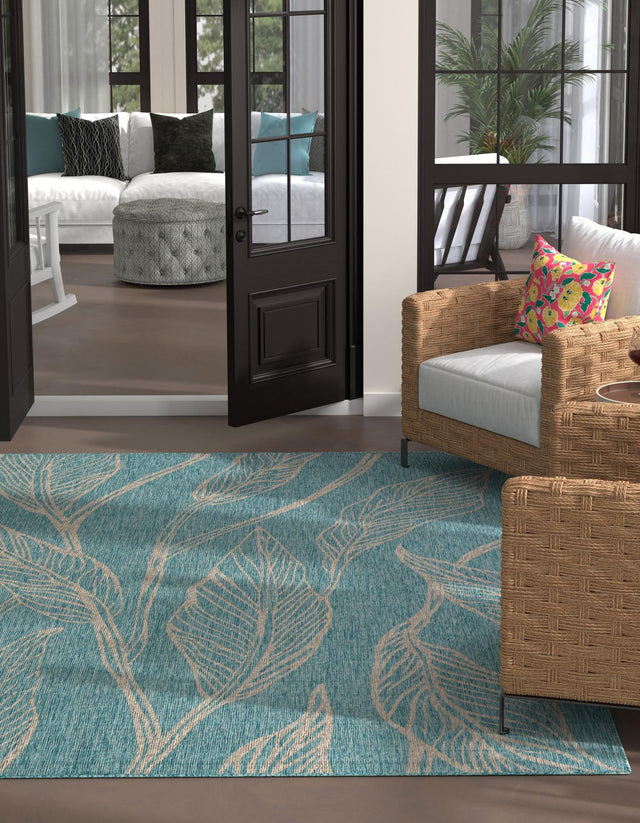 Light Aqua 13' 1 x 13' 1 Outdoor Botanical Square Area Rug Weather Resistant for Patio, Deck, Terrace, Balcony, Porch Polypropylene Garden Floral Tropical Carpet for Sale at Rug Engine