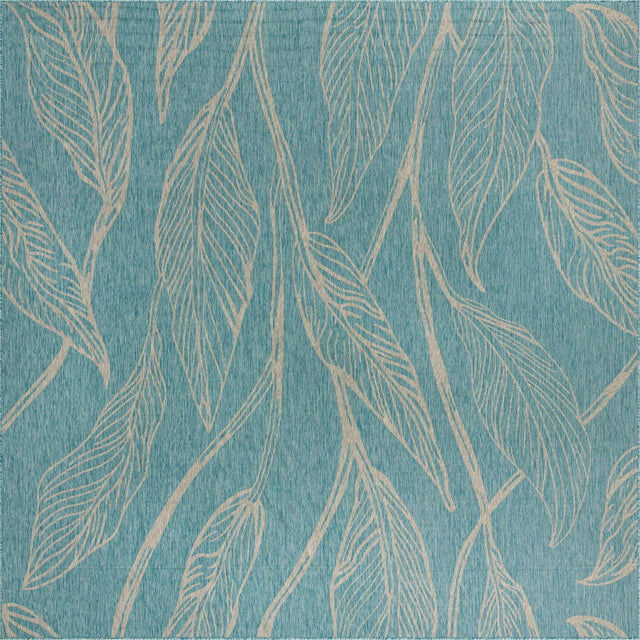 Light Aqua 13' 1 x 13' 1 Outdoor Botanical Square Area Rug Weather Resistant for Patio, Deck, Terrace, Balcony, Porch Polypropylene Garden Floral Tropical Carpet for Sale at Rug Engine