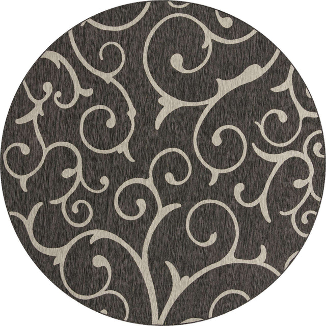 Charcoal Gray 10' 8 x 10' 8 Outdoor Botanical Round Area Rug Weather Resistant for Patio, Deck, Terrace, Balcony, Porch Polypropylene Garden Floral Tropical Carpet for Sale at Rug Engine