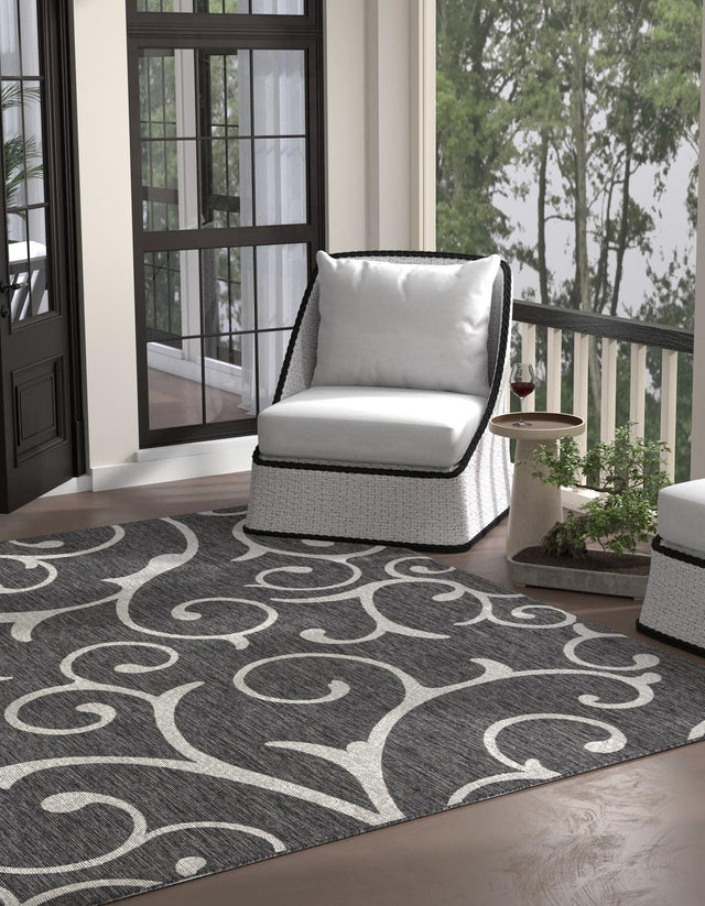 Charcoal Gray 10' 8 x 10' 8 Outdoor Botanical Square Area Rug Weather Resistant for Patio, Deck, Terrace, Balcony, Porch Polypropylene Garden Floral Tropical Carpet for Sale at Rug Engine