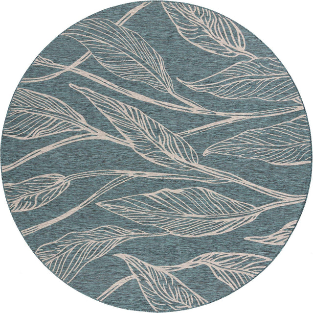 Teal 10' 8 x 10' 8 Outdoor Botanical Round Area Rug Weather Resistant for Patio, Deck, Terrace, Balcony, Porch Polypropylene Garden Floral Tropical Carpet for Sale at Rug Engine