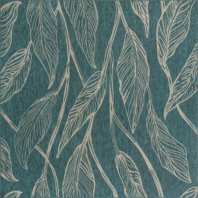 Teal 13' 1 x 13' 1 Outdoor Botanical Square Area Rug Weather Resistant for Patio, Deck, Terrace, Balcony, Porch Polypropylene Garden Floral Tropical Carpet for Sale at Rug Engine