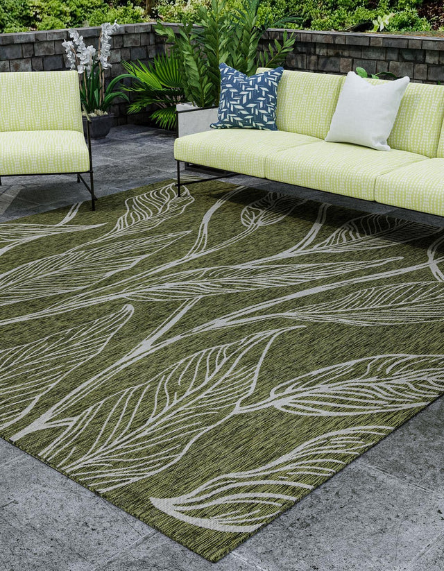 Green 7' 10 x 7' 10 Outdoor Botanical Square Area Rug Weather Resistant for Patio, Deck, Terrace, Balcony, Porch Polypropylene Garden Floral Tropical Carpet for Sale at Rug Engine