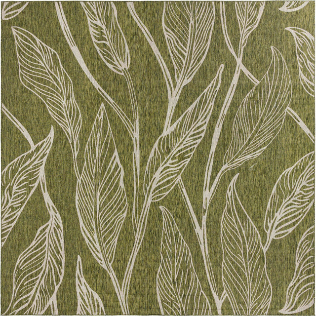 Green 13' 1 x 13' 1 Outdoor Botanical Square Area Rug Weather Resistant for Patio, Deck, Terrace, Balcony, Porch Polypropylene Garden Floral Tropical Carpet for Sale at Rug Engine