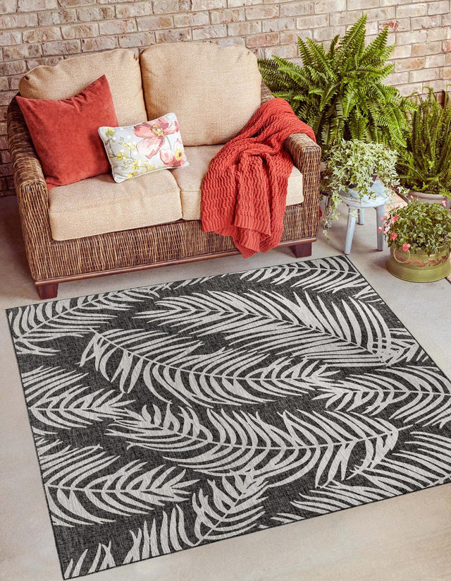 Charcoal 6' 1 x 6' 1 Outdoor Botanical Square Area Rug Weather Resistant for Patio, Deck, Terrace, Balcony, Porch Polypropylene Garden Floral Tropical Carpet for Sale at Rug Engine