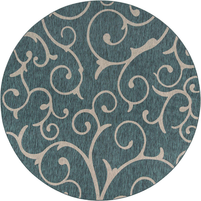 Teal 10' 8 x 10' 8 Outdoor Botanical Round Area Rug Weather Resistant for Patio, Deck, Terrace, Balcony, Porch Polypropylene Garden Floral Tropical Carpet for Sale at Rug Engine