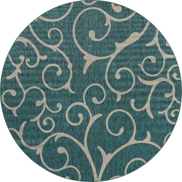 Teal 13' 1 x 13' 1 Outdoor Botanical Round Area Rug Weather Resistant for Patio, Deck, Terrace, Balcony, Porch Polypropylene Garden Floral Tropical Carpet for Sale at Rug Engine