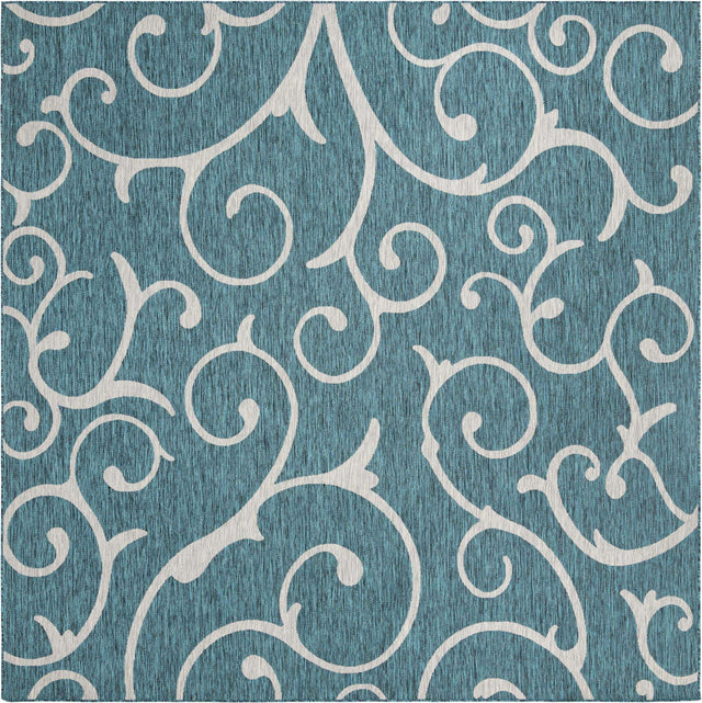 Teal 10' 8 x 10' 8 Outdoor Botanical Square Area Rug Weather Resistant for Patio, Deck, Terrace, Balcony, Porch Polypropylene Garden Floral Tropical Carpet for Sale at Rug Engine