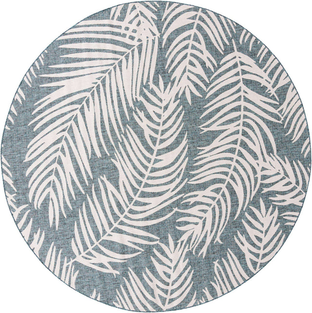 Teal 10' 8 x 10' 8 Outdoor Botanical Round Area Rug Weather Resistant for Patio, Deck, Terrace, Balcony, Porch Polypropylene Garden Floral Tropical Carpet for Sale at Rug Engine