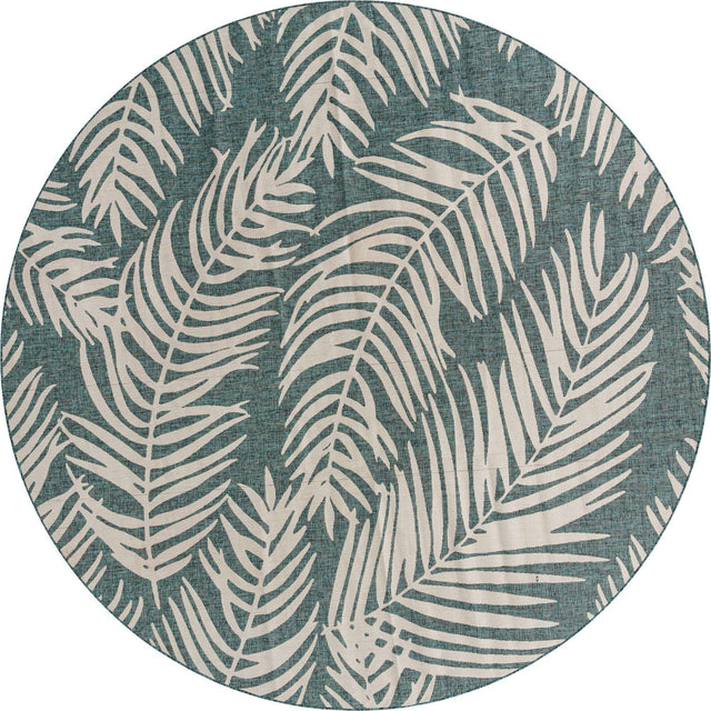 Teal 13' 1 x 13' 1 Outdoor Botanical Round Area Rug Weather Resistant for Patio, Deck, Terrace, Balcony, Porch Polypropylene Garden Floral Tropical Carpet for Sale at Rug Engine
