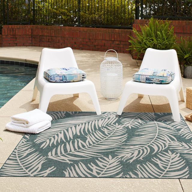 Teal 7' 10 x 7' 10 Outdoor Botanical Square Area Rug Weather Resistant for Patio, Deck, Terrace, Balcony, Porch Polypropylene Garden Floral Tropical Carpet for Sale at Rug Engine