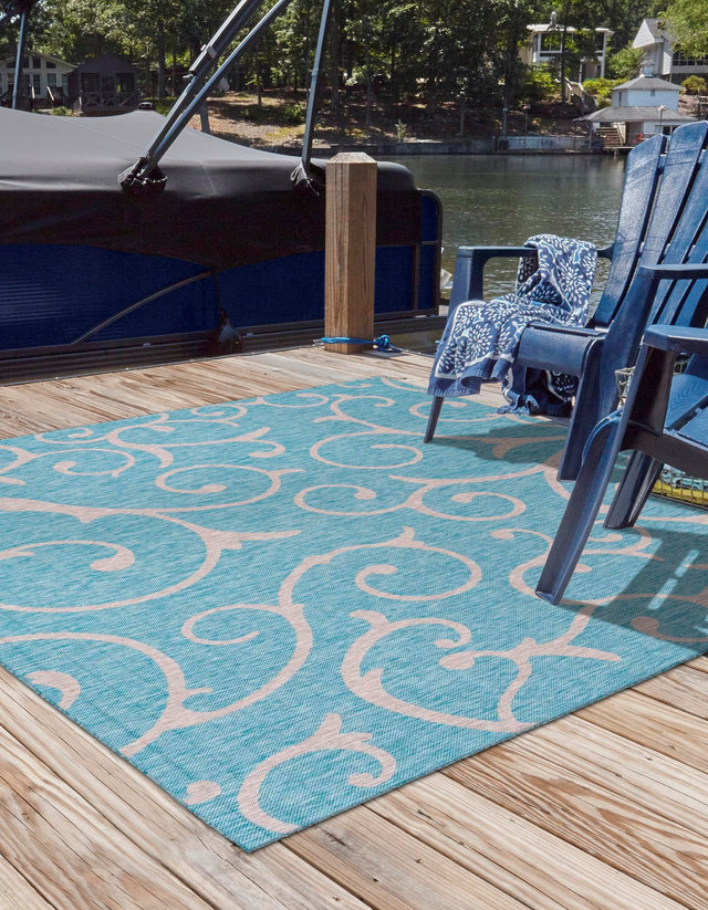 Light Aqua 13' 1 x 13' 1 Outdoor Botanical Square Area Rug Weather Resistant for Patio, Deck, Terrace, Balcony, Porch Polypropylene Garden Floral Tropical Carpet for Sale at Rug Engine