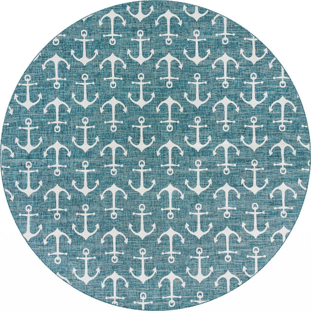 Teal 13' 1 x 13' 1 Outdoor Coastal Round Area Rug Weather Resistant for Patio, Deck, Terrace, Balcony, Porch 100% Polypropylene Coastal Decor Carpet for Sale at Rug Engine