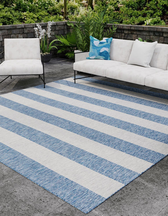 Blue 13' 1 x 13' 1 Outdoor Striped Square Area Rug Weather Resistant for Patio, Deck, Terrace, Balcony, Porch Geometric Pattern Waterproof Carpet for Sale at Rug Engine