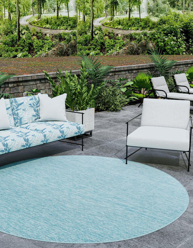Aquamarine 13' 1 x 13' 1 Outdoor Solid Round Area Rug Weather Resistant for Patio, Deck, Terrace, Balcony, Porch 100% Polypropylene Minimalist Waterproof Carpet for Sale at Rug Engine