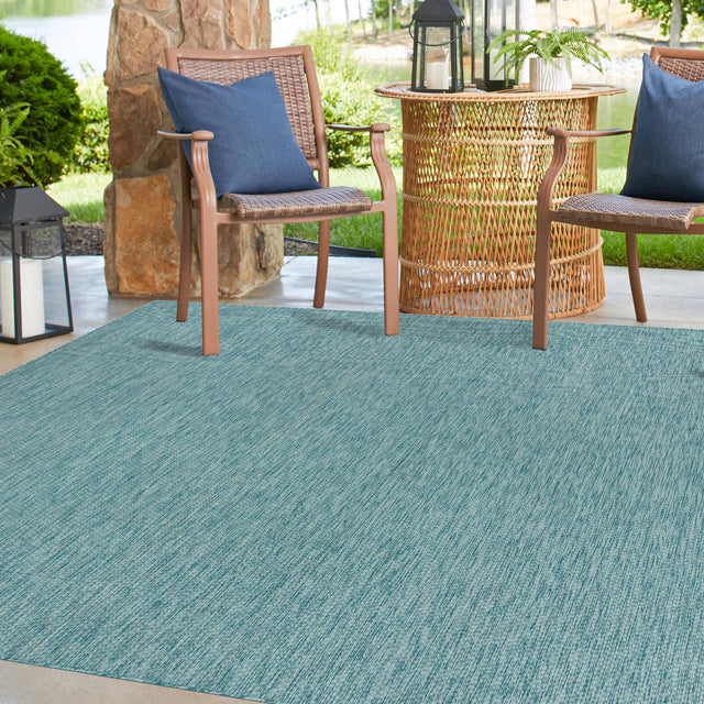 Aquamarine 10' 8 x 10' 8 Outdoor Solid Square Area Rug Weather Resistant for Patio, Deck, Terrace, Balcony, Porch 100% Polypropylene Minimalist Waterproof Carpet for Sale at Rug Engine