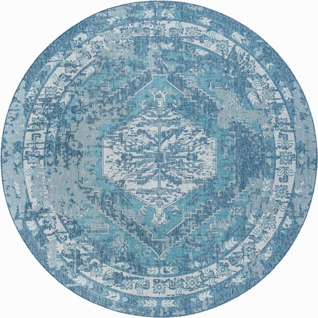 Blue 13' 1 x 13' 1 Outdoor Traditional Round Area Rug Weather Resistant for Patio, Deck, Terrace, Balcony, Porch Classical Design Outside Carpet for Sale at Rug Engine