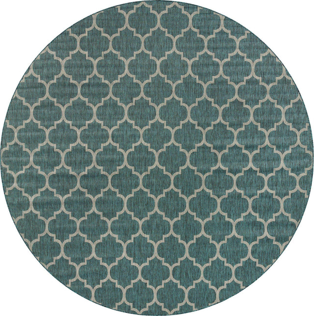 Teal 13' 1 x 13' 1 Outdoor Trellis Round Area Rug Weather Resistant for Patio, Deck, Terrace, Balcony, Porch Geometric Design Water Safe Outside Carpet for Sale at Rug Engine