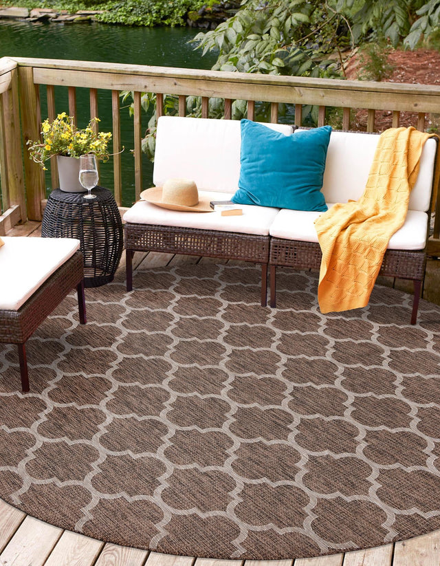 Brown 13' 1 x 13' 1 Outdoor Trellis Round Area Rug Weather Resistant for Patio, Deck, Terrace, Balcony, Porch Geometric Design Water Safe Outside Carpet for Sale at Rug Engine