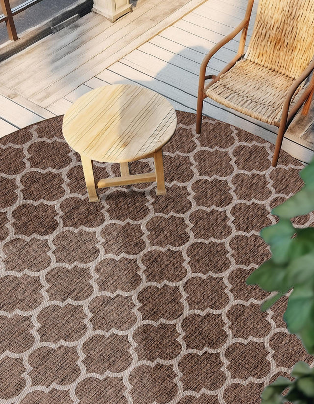 Brown 10' 8 x 10' 8 Outdoor Trellis Round Area Rug Weather Resistant for Patio, Deck, Terrace, Balcony, Porch Geometric Design Water Safe Outside Carpet for Sale at Rug Engine