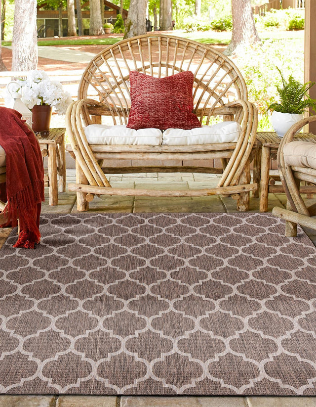 Brown 10' 8 x 10' 8 Outdoor Trellis Square Area Rug Weather Resistant for Patio, Deck, Terrace, Balcony, Porch Geometric Design Water Safe Outside Carpet for Sale at Rug Engine