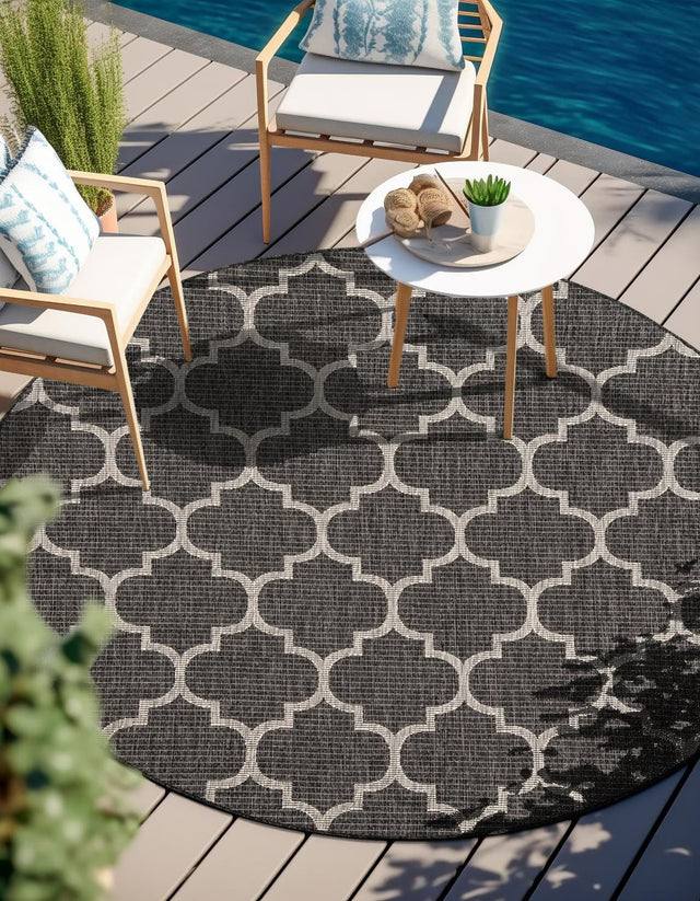 Black 6' 1 x 6' 1 Outdoor Trellis Round Area Rug Weather Resistant for Patio, Deck, Terrace, Balcony, Porch Geometric Design Water Safe Outside Carpet for Sale at Rug Engine