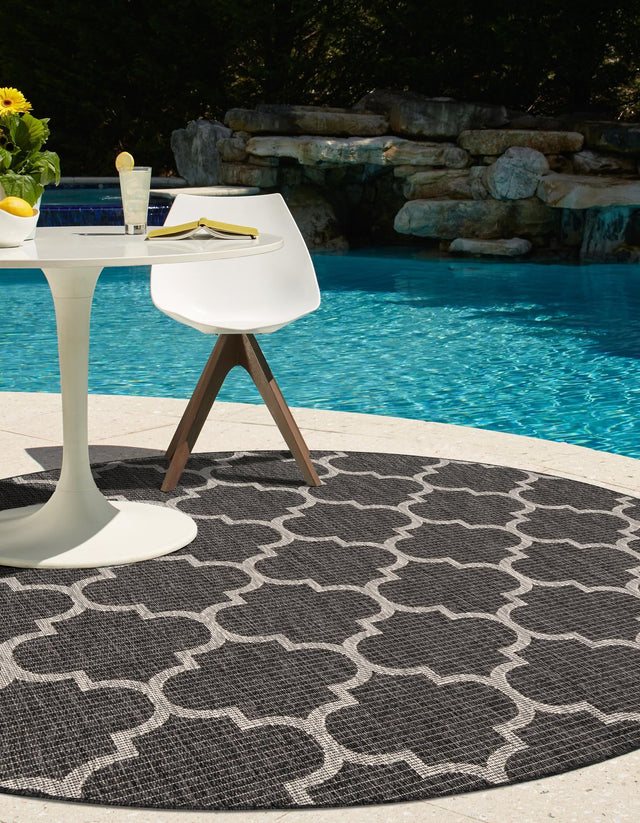 Black 10' 8 x 10' 8 Outdoor Trellis Round Area Rug Weather Resistant for Patio, Deck, Terrace, Balcony, Porch Geometric Design Water Safe Outside Carpet for Sale at Rug Engine