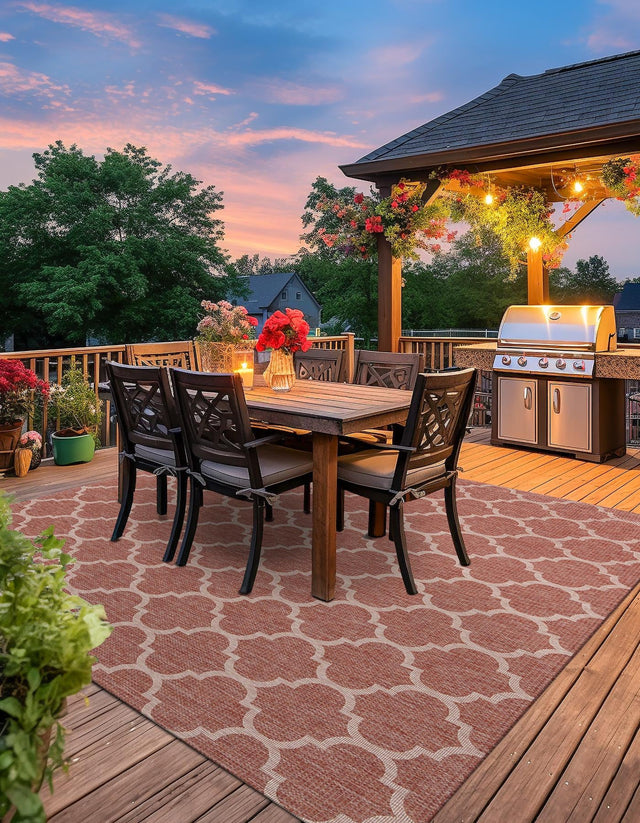 Rust Red 10' 8 x 10' 8 Outdoor Trellis Square Area Rug Weather Resistant for Patio, Deck, Terrace, Balcony, Porch Geometric Design Water Safe Outside Carpet for Sale at Rug Engine