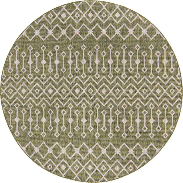 Green 10' 8 x 10' 8 Outdoor Trellis Round Area Rug Weather Resistant for Patio, Deck, Terrace, Balcony, Porch Geometric Design Water Safe Outside Carpet for Sale at Rug Engine