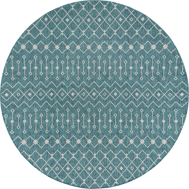 Teal 10' 8 x 10' 8 Outdoor Trellis Round Area Rug Weather Resistant for Patio, Deck, Terrace, Balcony, Porch Geometric Design Water Safe Outside Carpet for Sale at Rug Engine