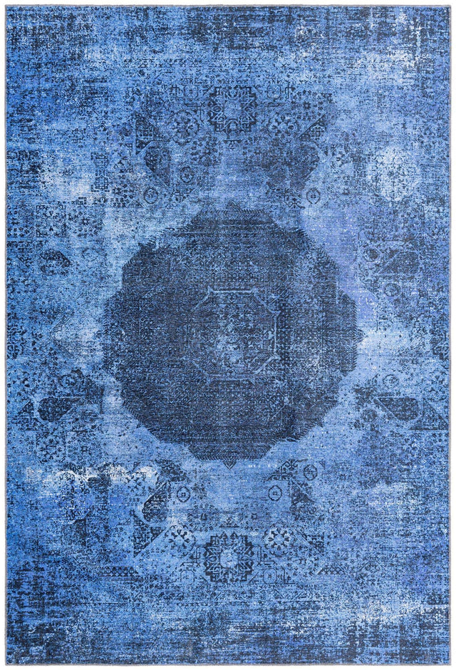 Washable Overdyed Blue 6' x 9' Yara Rectangle Area Rug Easy to Clean Stain Resistant & Durable Polyester & Chenille Carpet for Sale at Rug Engine