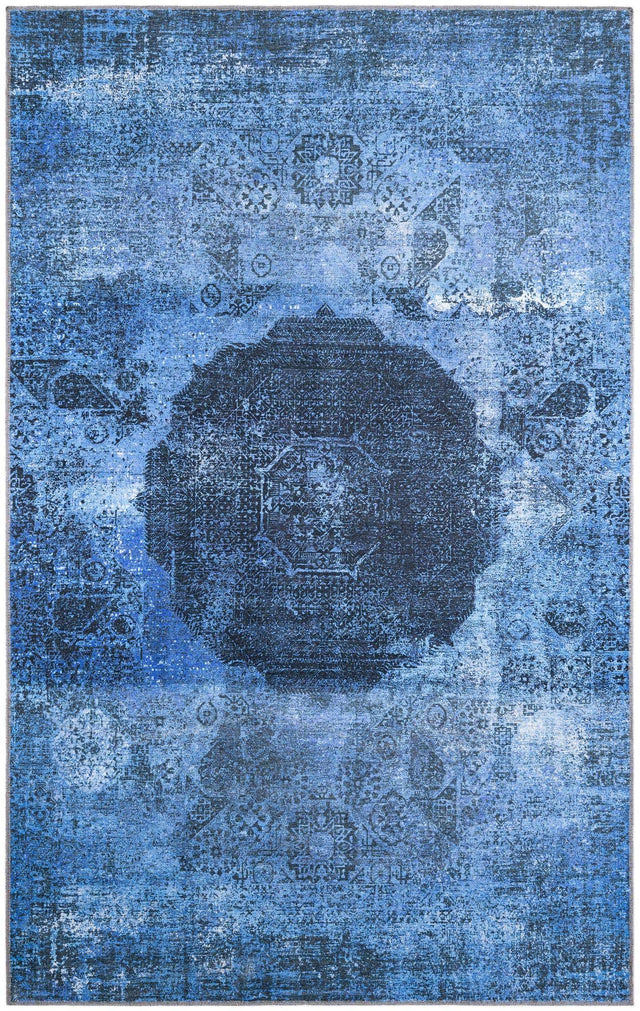 Washable Overdyed Blue 5' x 8' Yara Rectangle Area Rug Easy to Clean Stain Resistant & Durable Polyester & Chenille Carpet for Sale at Rug Engine