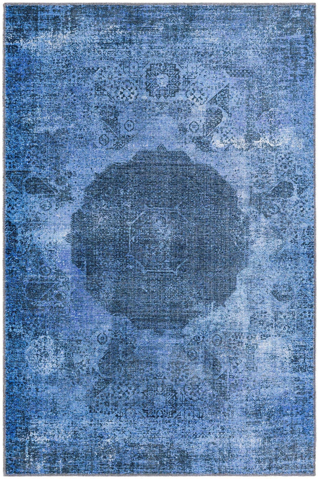 Washable Overdyed Blue 4' x 6' Yara Rectangle Area Rug Easy to Clean Stain Resistant & Durable Polyester & Chenille Carpet for Sale at Rug Engine