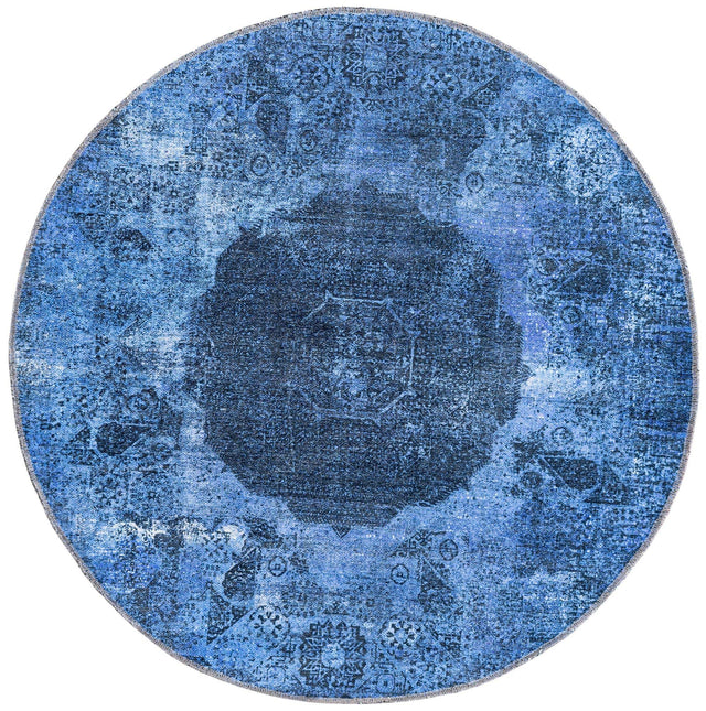 Washable Overdyed Blue 4' x 4' Yara Round Area Rug Easy to Clean Stain Resistant & Durable Polyester & Chenille Carpet for Sale at Rug Engine